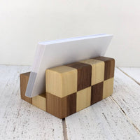 Desk business card stand, wood business holder, checkerboard card holder, business card display, desk accessories, office organization. W12