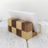 Desk business card stand, wood business holder, checkerboard card holder, business card display, desk accessories, office organization. W12