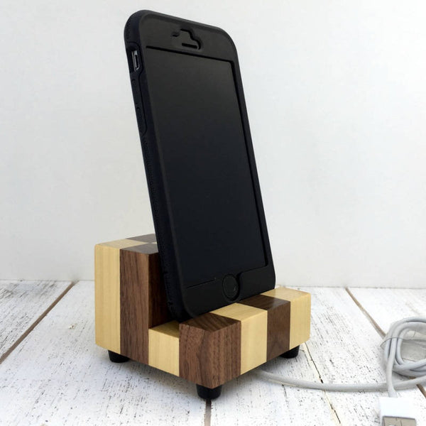 iPhone stand, checkerboard phone stand, wooden phone charger, iPhone 8, iPhone 7, iPhone plus, charging dock, docking station. L11